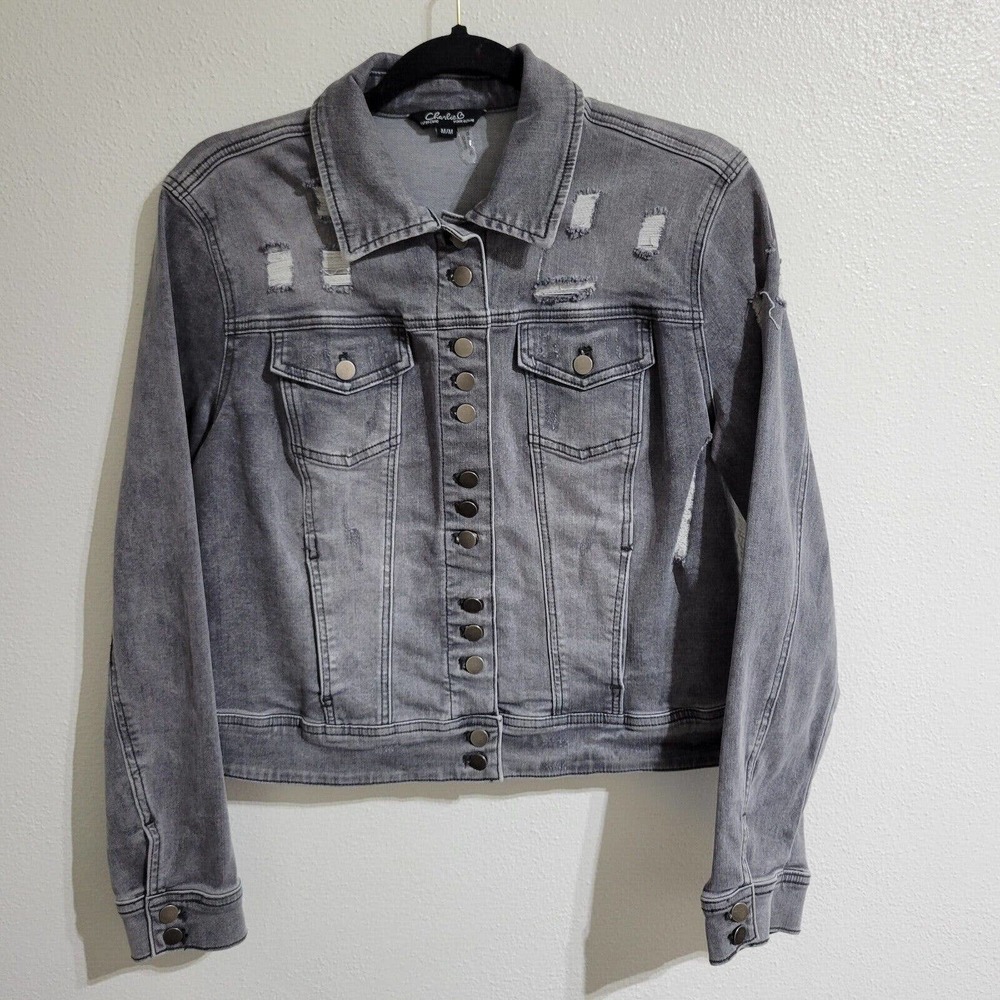 V55 Charlie B Factory Distressed Women's M Long Sleeve Button Denim Jacket EUC